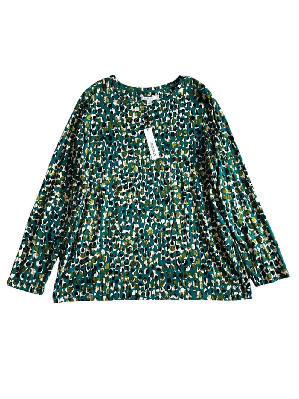 Chicos Women's Sz XL Teal Leopard Print Long Sleeve Top Rayon Blend